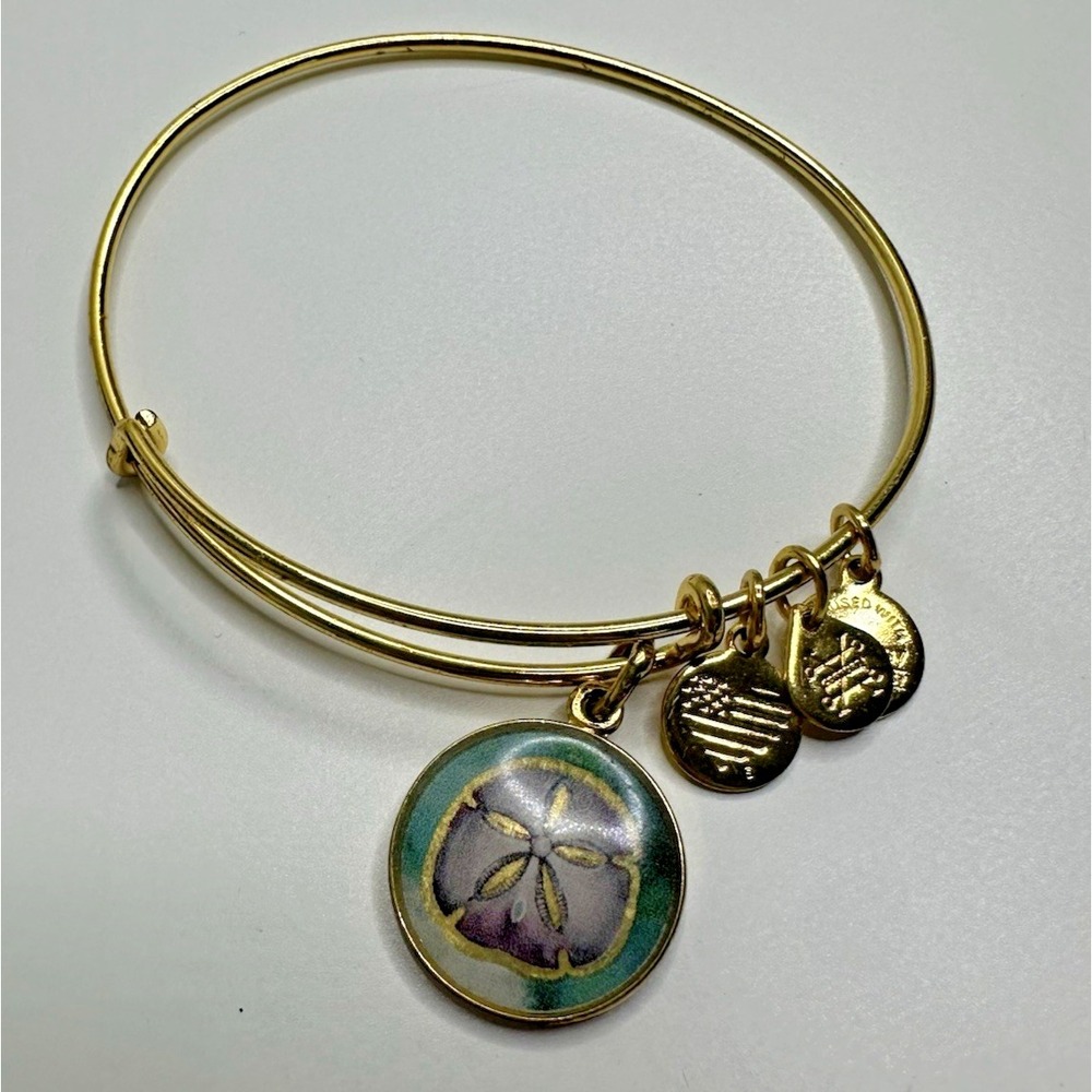 Alex And Ani Color Infusion Sand Dollar Gold Bangle Charm Bracelet Teal Purple